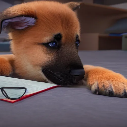 Prompt: eye - level view, a super cute gsd puppy ate my homework in my room and woke up the next day smart, hilarious, funny, back to school comedy, cg animation, 3 d octane render, imax 7 0 mm,