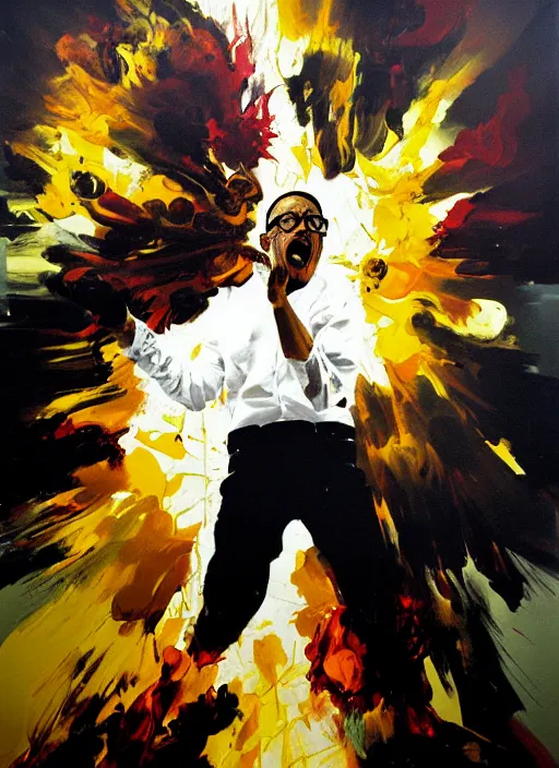 Image similar to gus fring screaming, explosion, exploding, painting by phil hale, francisco goya,'action lines '!!!, graphic style, visible brushstrokes, motion blur, blurry