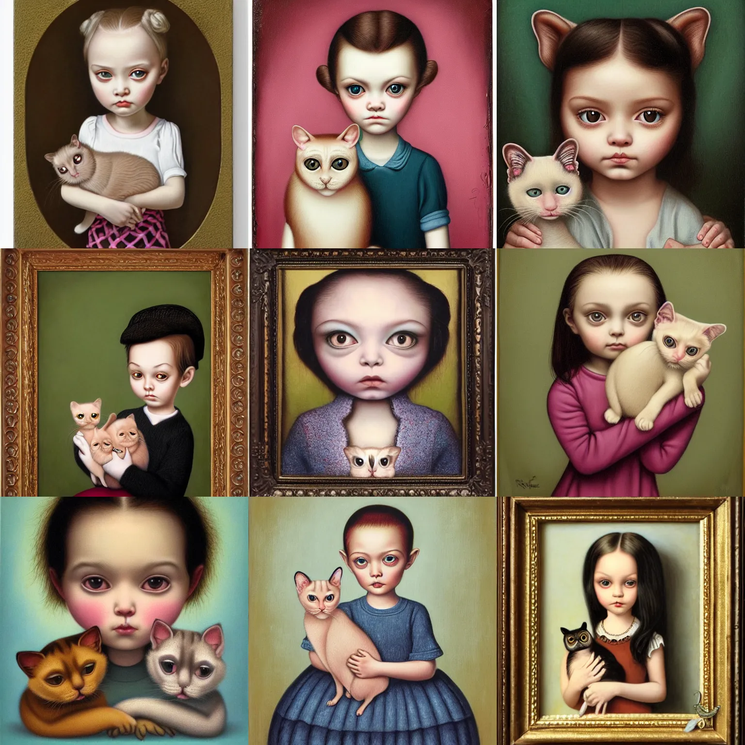 Prompt: portrait of a child holding a Siamese cat by Mark Ryden