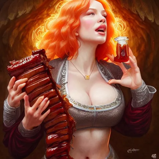 Image similar to Christina Hendricks Eating BBQ Ribs, dripping BBQ Sauce, D&D, fantasy, intricate, elegant, highly detailed, digital painting, artstation, concept art, matte, sharp focus, illustration, hearthstone, art by Artgerm and Greg Rutkowski and Alphonse Mucha