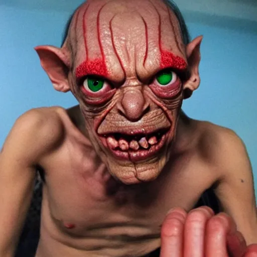 Prompt: Gollum with red eyes smoking blunt selfie