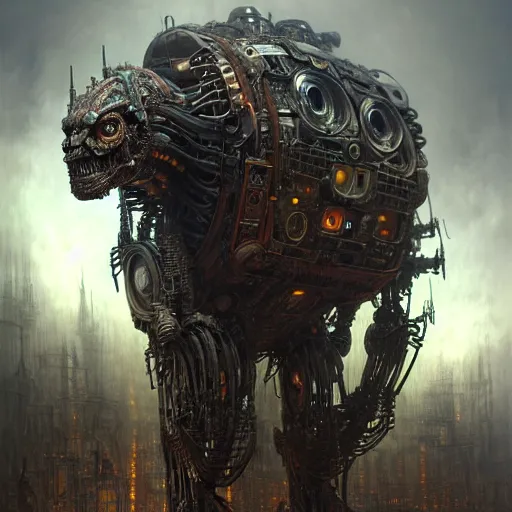 Image similar to A photorealistic 3d render of a robot monster cyborg made of circuits wide view shot by ellen jewett , tomasz alen kopera and Justin Gerard symmetrical features, ominous, magical realism, texture, intricate, ornate, royally decorated, android format, windows, many doors, roofs, complete house , whirling smoke, embers, red adornments, red torn fabric, radiant colors, fantasy, trending on artstation, volumetric lighting, micro details, 3d sculpture, ray tracing, 8k