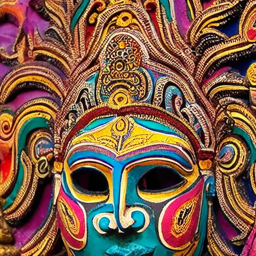 Prompt: a woman wearing mask that covers her face. the mask is made out of the colors, textures and sculptures of the meenakshi temple in madurai. intricate. detailed.