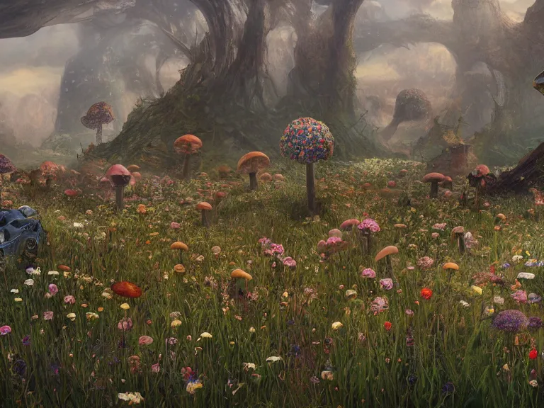 Image similar to the wasteland filled with giant flowers and mushrooms, au naturel, hyper detailed, digital art, trending in artstation, cinematic lighting, studio quality, smooth render, unreal engine 5 rendered, octane rendered, art style by klimt and nixeu and ian sprigger and wlop and krenz cushart