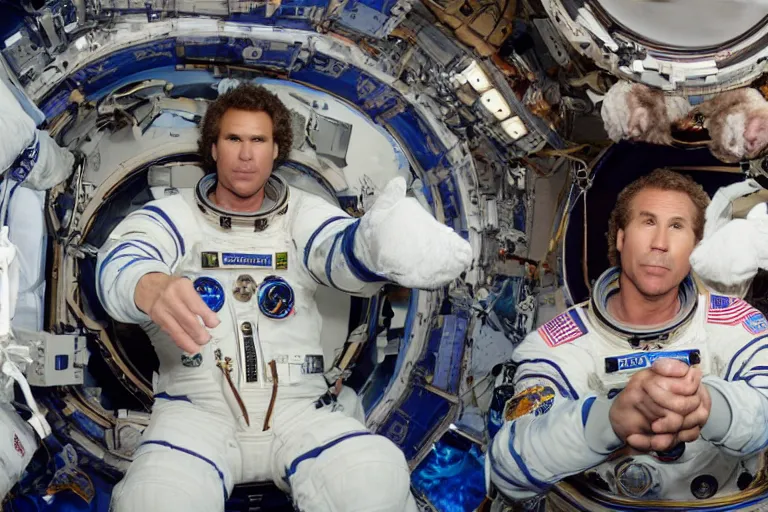 Prompt: 35mm Will Ferrell portrait photo on the international space station, by Emmanuel Lubezki