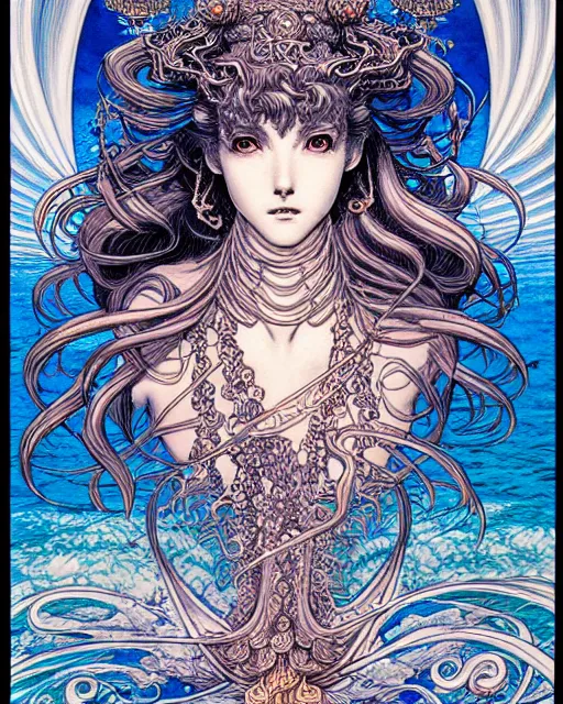 Image similar to hyper detailed illustration of the goddess of the ocean, intricate linework, lighting poster by moebius, ayami kojima, 90's anime, retro fantasy