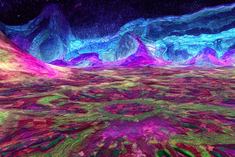 Image similar to landscape kaleidoscope textural dream journey space simulation micrograph, unreal engine, octane render, 4 k