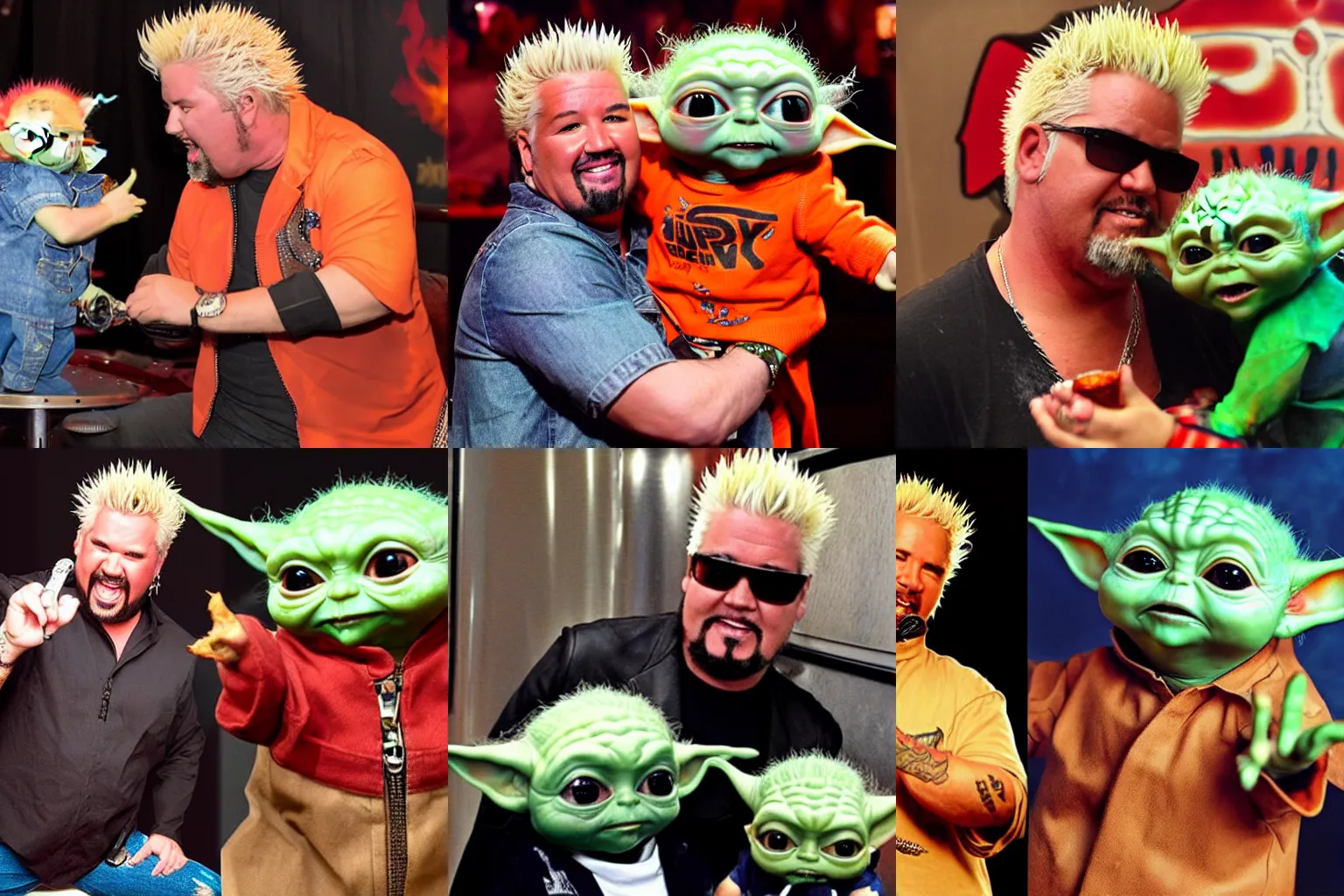 Prompt: guy fieri and baby yoda rock duet