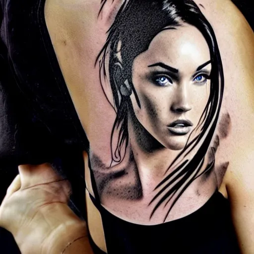 Prompt: double exposure effect tattoo design sketch of megan fox with beautiful mountain scenery, hyper - realistic, in the style of den yakovelev, amazing detail, sharp