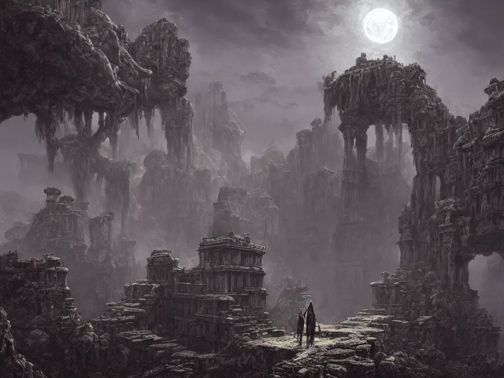 Prompt: (an ancient crumbling overgrown temple), a moonlit steppe, ((in the style of shadow of the colossus)), by tyler edlin, by gustave dore, blood moon, 💀, matte painting