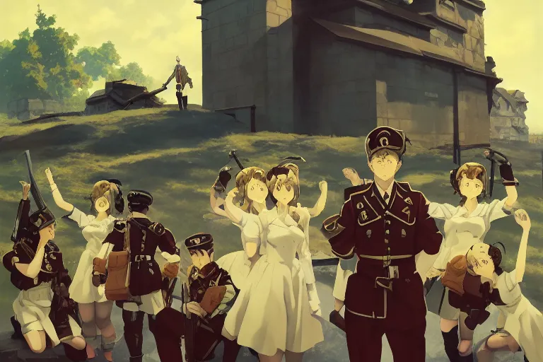 Image similar to anime key visual of high fantasy and world war 2 germany with anime maids as soldiers, dictator fascist nationalist propaganda poster, style of jamie wyeth james gilleard edward hopper greg rutkowski acrylic painting, preserved museum piece, historical
