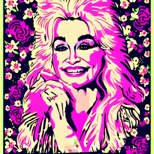 Prompt: young Dolly Parton, retro graphic design, hippie, floral, bright, pink tones