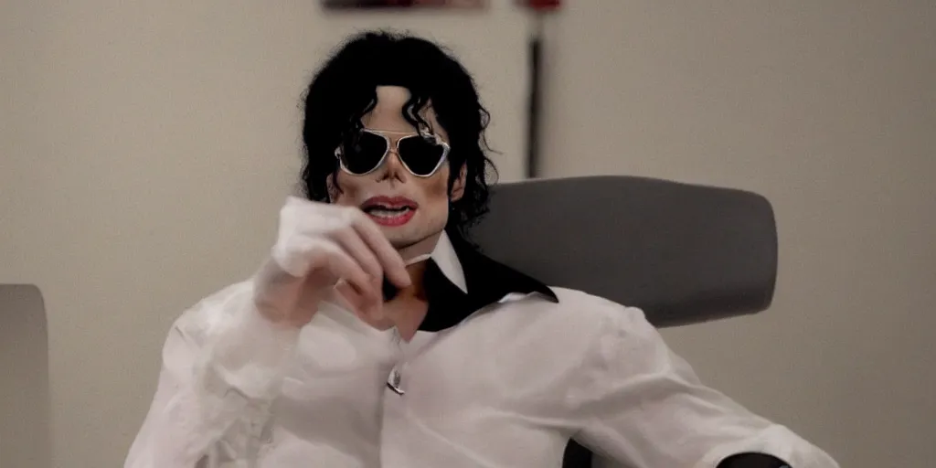 Image similar to michael jackson 2 0 0 9 exact face wearing shades, alone, this is it style, photo real, skin, motion blur, sitting in a chair, by himself, real life, spotted, leaked, ultra realistic face, accurate, 4 k, movie still, uhd, sharp, detailed, cinematic, render, modern