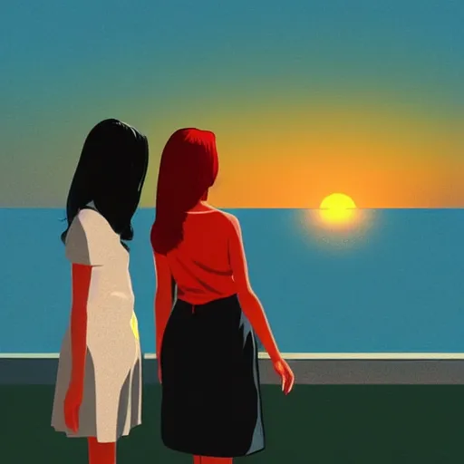 Image similar to 2 women standing side by side watching the sun go down by ilya kuvshinov