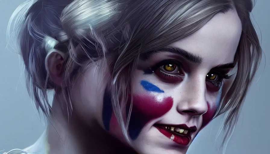 Prompt: emma watson is harley quinn, hyperdetailed, artstation, cgsociety, 8 k