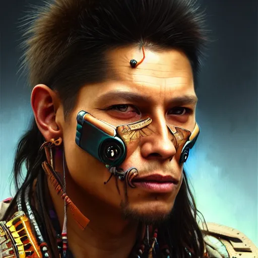 Image similar to portrait painting of a cyberpunk decker native american man, ultra realistic, concept art, intricate details, eerie, highly detailed, photorealistic, octane render, 8 k, unreal engine. art by artgerm and greg rutkowski and charlie bowater and magali villeneuve and alphonse mucha