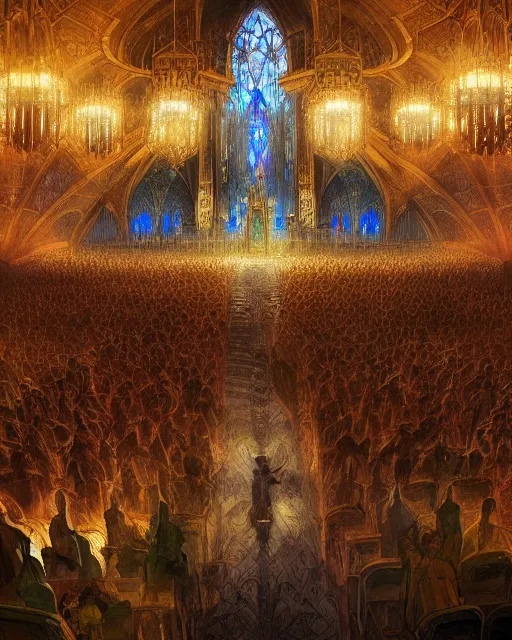 Prompt: craig mullins and anato finnstark digital illustration of a crowd in a futuristic church, strong contrast, priest, pews, ethereal, inviting, bright, raking light from stained glass windows, unreal engine, hyper realism, realistic shading, cinematic composition, realistic render, octane render, detailed textures, photorealistic, wide shot
