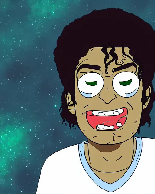 Image similar to portrait of michael jackson in the style of justin roiland. cinematic lighting. style of rick & morty. photographic, photography. by justin roiland