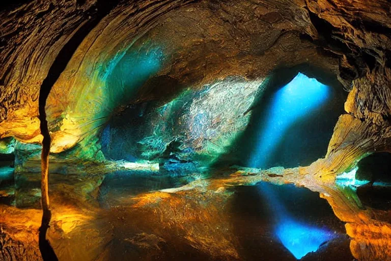 Prompt: black opal cave, photo, photograph, realistic, light reflecting, caustics, reflective water puddles,