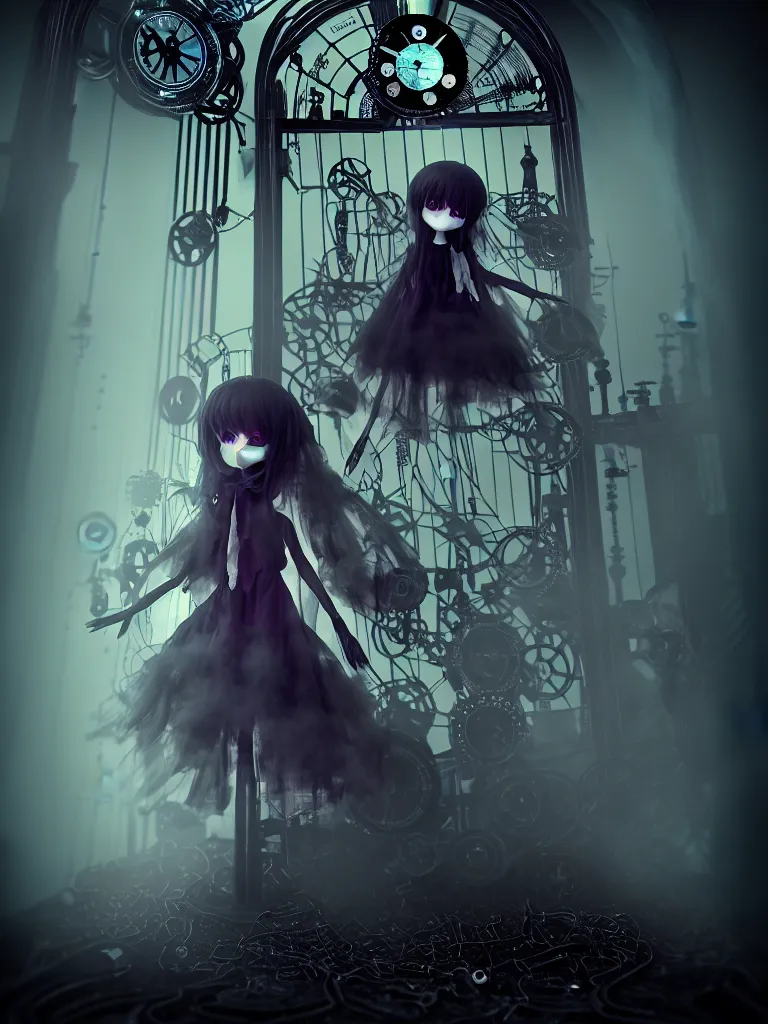 Prompt: cute dark wraith fumo plush girl fallen gothic maiden angel floating amid the mechanical shining grandeur gate of the clockwork kingdom, tattered striped trailing dress of glowing wispy melting billowing smoke, ethereal volumetric light shaft fog clouds, caustics, color contrast, rule of thirds, vignette, vray