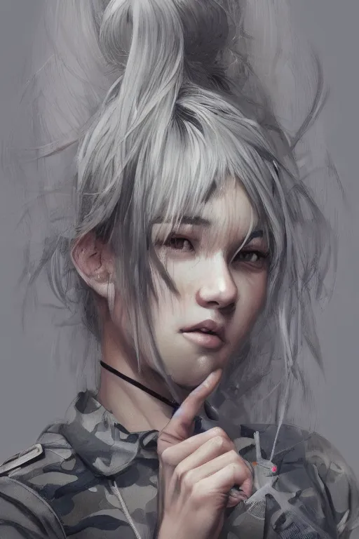 Prompt: girl, silver hair (ponytail), multicam (camo), posing, (trending on artstation), beautiful face, cinematic full body shot, ilustration by Takehiko Inoue ((((and Yoann Lossel))))