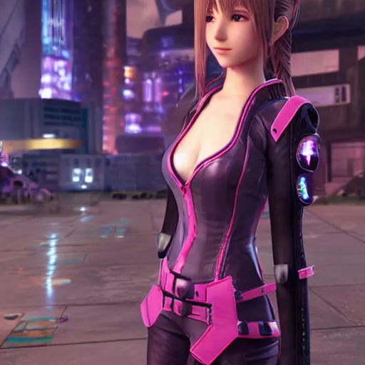 Image similar to Aerith from Final Fantasy wearing cyberpunk plugsuit