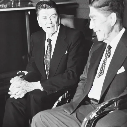 Prompt: [ ronald reagan sitting in chair next to tiger ]