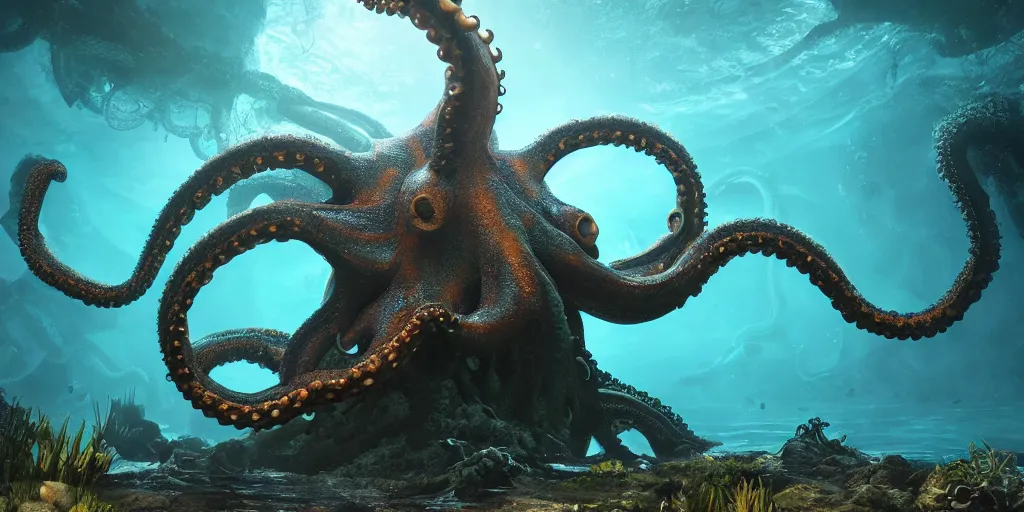 Image similar to underwater enviroment with a giant octopus boss creature with tentacles , unreal 5, hyperrealistic, realistic, photorealistic, dynamic lighting, highly detailed, cinematic landscape, studio landscape, studio lighting