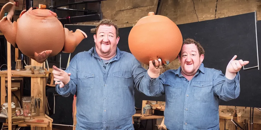 Image similar to johnny vegas making a very large clay teapot, art school, studio, wet clay, photorealistic, interview, stand up comedy, audience, stage