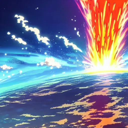 Image similar to anime key visual of a meteor crashing into earth