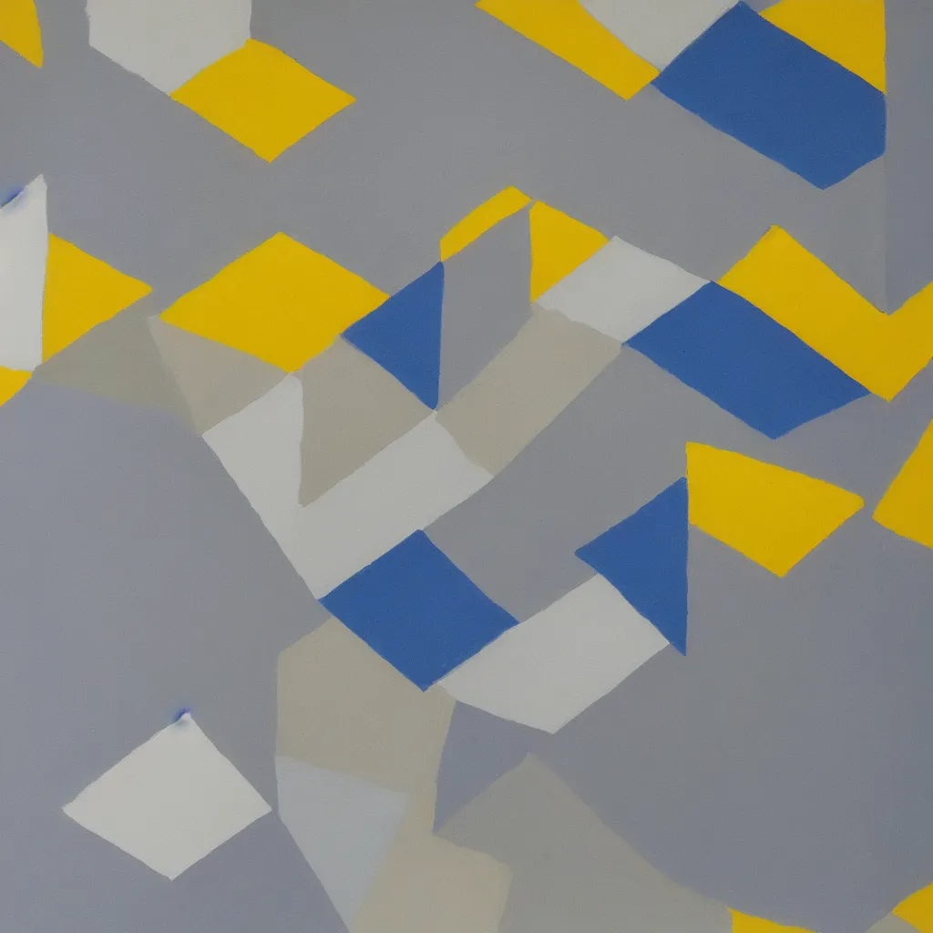 Image similar to 3 dimensional solid large geometric of solid oil paint, with strong top right lighting creating shadows, colours cream naples yellow and blue - grey