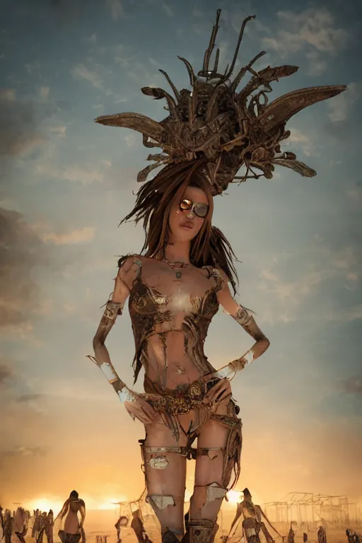 Image similar to a photo of a post apocalyptic goddess at burning man festival playa, powerful, cinematic, beautifully lit, by artgerm, by craig mullins, by galan pang, 3 d, trending on artstation, octane render, 8 k