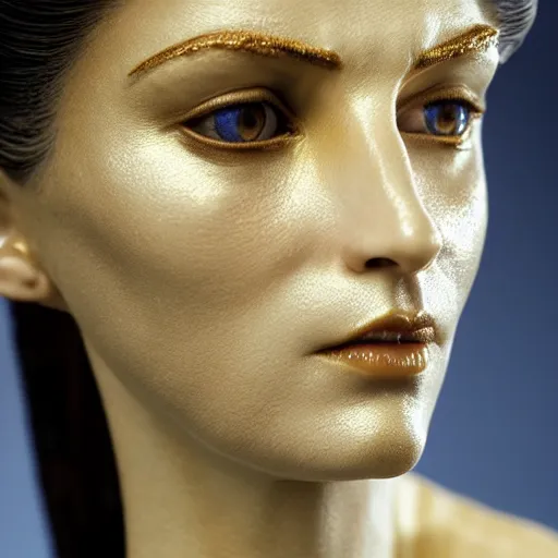 Prompt: photo taken of an epic intricate, ultra detailed, super realistic life sized bust of a majestic gracious regal aristocratic brunette female vampire created by weta workshop, menacing, some zoomed in shots, photorealistic, sharp focus, white wall, extremely cold blueish colour temperature, 3 5 mm, f 1. 4, golden ratio