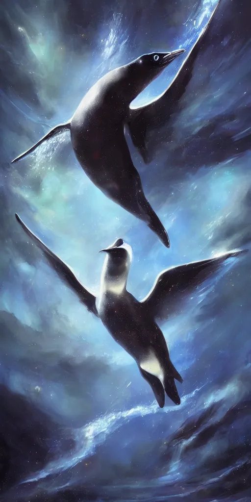 Image similar to a painting of a cosmic penguin flying through the sky, poster art by raymond swanland, deviantart, fantasy art, christian, deviantart, mystical