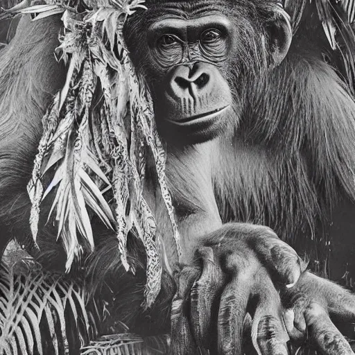 Image similar to photo of an intricate jungle scene showing a creature that has the body of an ape with six arms, covered in feathers. extreme detail, hyperrealistic photo, gloomy