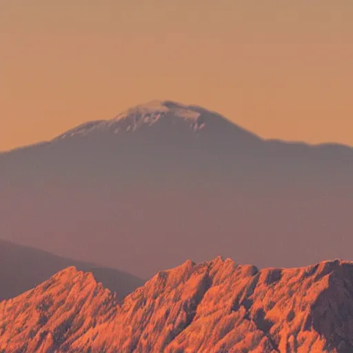 Image similar to a realistic, detailed telephoto photograph of a distant mountain shaped like an ice cream cone