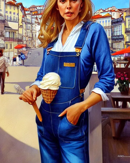 Image similar to portrait of a blonde fuller figured barbara bach from the bond film wearing blue dungarees and eating ice creams in porto, real life skin, intricate, elegant, highly detailed, artstation, concept art, smooth, sharp focus, art by artgerm and greg rutkowski and alphonse mucha