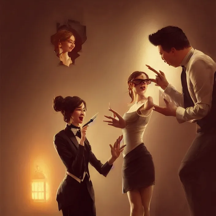 Image similar to michael mcintyre flirting with a singing waitress, elegant, real life skin, intricate artwork, high detailed, artstation, concept art, smooth, sharp focus, art by artgerm and greg rutkowski