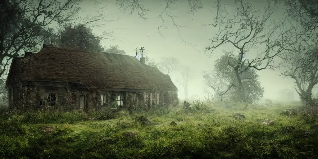 Image similar to photorealistic, ruined english cottage, overgrown vegetation, apocalypse, night, fog, shadowy creatures lurking, hyperrealistic, grimdark, artstation