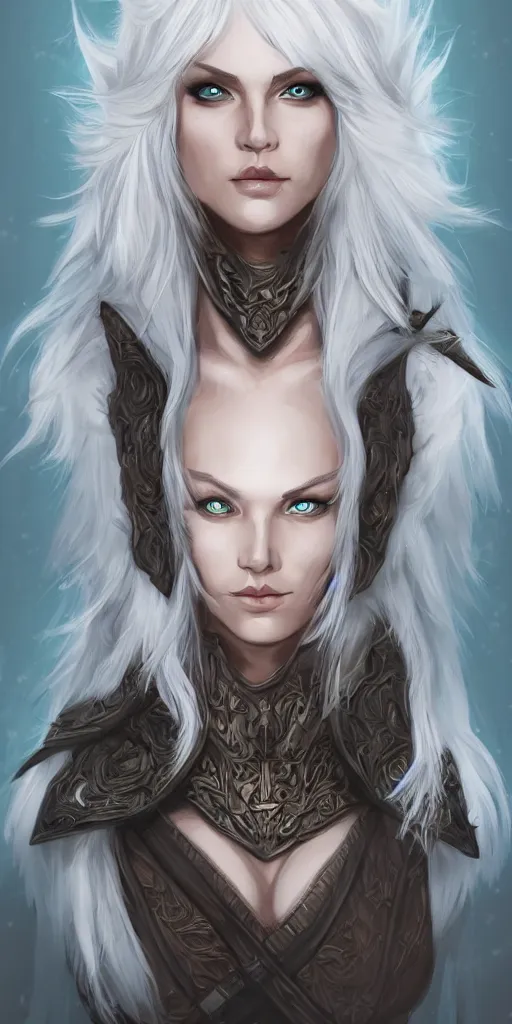 Image similar to white haired elven woman, wearing a wolf pelt, upper half portrait, centered, muscular, dnd, intricate, highly detailed, sharp, digital painting, artstation, cell shading