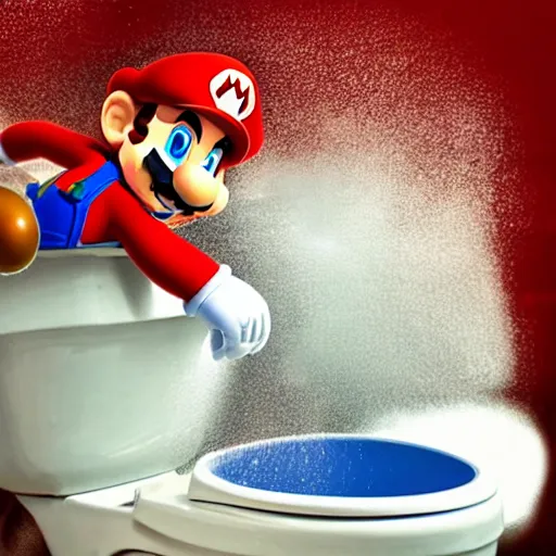 Image similar to super mario emerging from a toilet, soaked in water