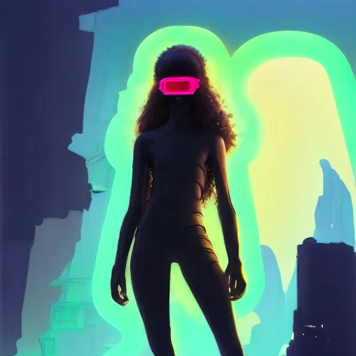 Image similar to zendaya wearing opaque reflective goggles profile picture by Greg Rutkowski, brown skin, very long hair, dune, asymmetrical, futuristic, neon volumetric lights, cool colors, streetwear, studio ghibli, Organic Painting , Matte Painting, geometric shapes, hard edges, street art, trending on the artstation, fantasy LUT, realistic by Sachin Teng + Martin Grip + Moebius, techwear, Industrial Scifi, detailed illustration, character portrait,