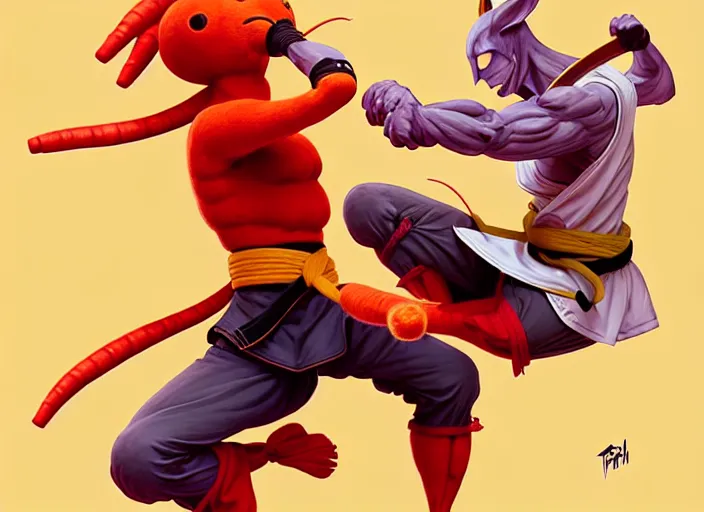 Image similar to a anthropomorphic carrot wearing karate gi, diffuse lighting, fantasy, dojo background, intricate, elegant, highly detailed, lifelike, photorealistic, digital painting, artstation, illustration, concept art, smooth, sharp focus, art by frank frazetta and marco bucci and loish and rossdraws and artgerm and alphonse mucha