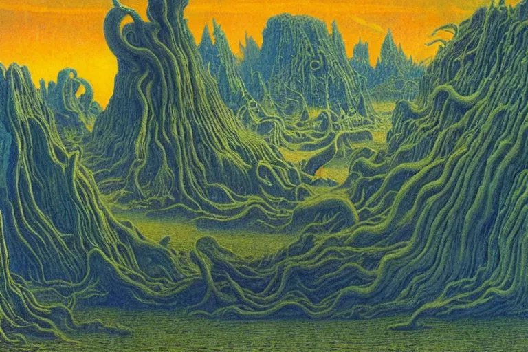 Image similar to lovecraftian landscape, another world by Jean Delville and Roger Dean