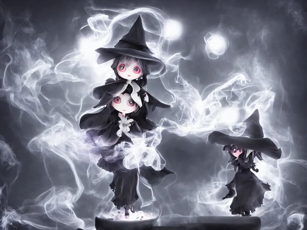 Prompt: cute fumo plush girl witch stirring a cauldron swirling with strange energy, casting a powerful spell, black and white eldritch gothic horror, smoke and volumetric fog, witch girl, soothsayer, lens flare glow, chibi anime, vray