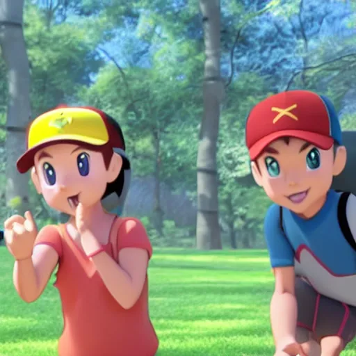 Image similar to Misty, Ash and Brock, film still from the 3d Pixar Pokémon movie