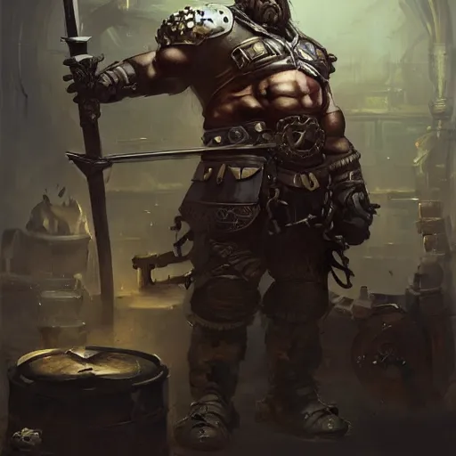 Prompt: artwork of a dark fantasy blacksmith strongman in his sword workshop, steampunk style, concept art, super detailed, 4 k hd, trending on artstation, digital painted, low contrast, made by greg rutkowski and viktoria gavrilenko