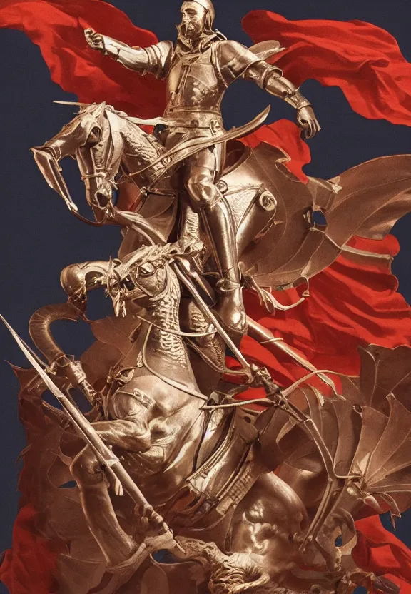 Image similar to [A sculpture of St.Georges slaying the dragon. Soviet!!!! Propaganda!!!! poster!!!!!!!!!!, promotional poster, advertising, composition, graphic design, elegant, highly detailed, digital painting, artstation, concept art, matte, sharp focus, illustration, octane render, unreal engine, photography]