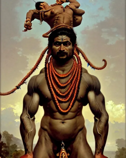 Prompt: amazing lifelike award winning realistic illustration of Angry muscular hindu God Shiva wearing sheshnaag around his neck in style of William-Adolphe Bouguereau, shiva body builder, blue skin, pumped biceps and abs, sitting on tiger skin, Himalayas in the background, hypermuscular, trending on artstation, artgerm, Greg rutkowski, alphonse mucha, cinematic, epic Lighting, photorealistic, Octane render, Unreal Engine, Art nouveau