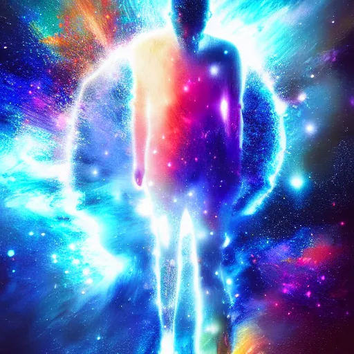 Prompt: A man's soul leaving the body and becoming one with the galaxy, space, vibrant, colorful, digital art, peaceful,